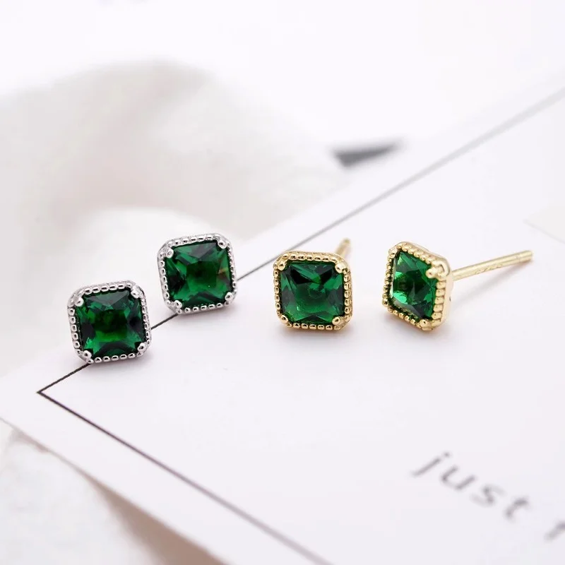 

ZOBEI Minimalist Personality Square Green Zicron Stud Earrings For Women Authentic 925 Sterling Silver Fine Jewelry Accessories