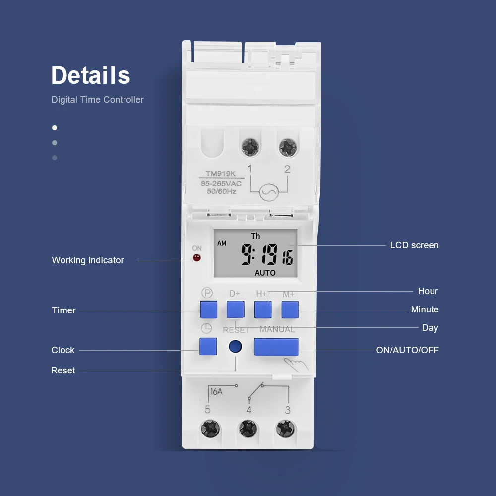 Electronic Weekly 7 Days Programmable Digital Industrial Time Switch Relay Timer Control AC 220V 16A Din Rail Mount 4