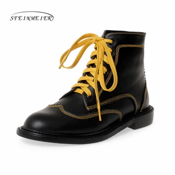 

2020 Autumn Winter Quality Genuine Leather Punk Short Boots Lace Up Thick Heels Women Ankle Boots Party Shoes Woman Steinmeier