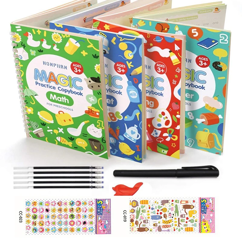 Libro de escritura reutilizable con 4 libros, bolígrafo, pegatina para caligrafía, aprendizaje, práctica, aprendizaje, libros mágicos en inglés para niños, juguetes Montessori