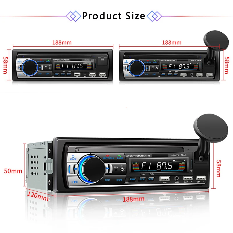 Car Multimedia Car Stereo Single Din BT Audio and Calling Built-In Microphone WMA 3USB Auxiliary Input FM Radio Receiver ISO Por