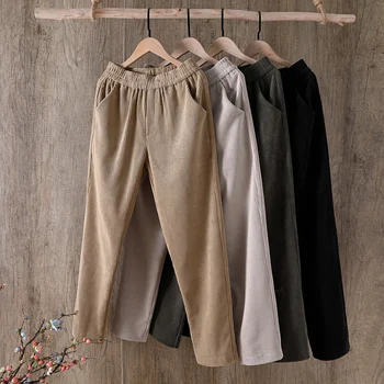 

#0632 Autumn Corduroy Thin pngts for women plus size elastic waist solid color pokets harem pant ladies casual loose trousers
