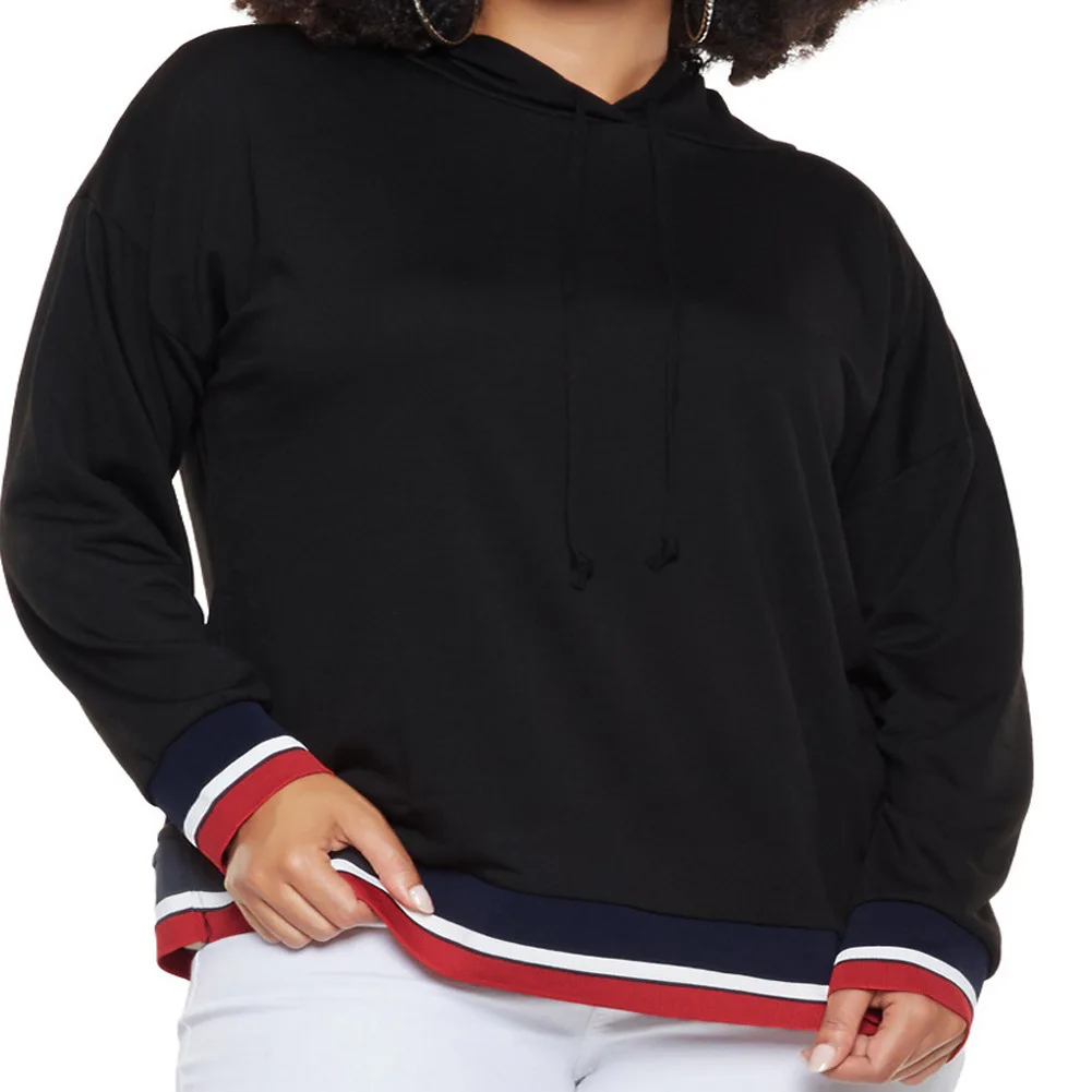 Tricolor Striped Trim Plus Size Hoodie Large Women's Blouse Stripe Long Sleeve Loose Hat Guard