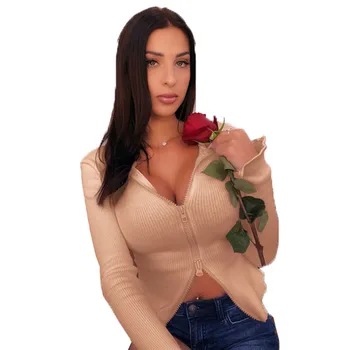 

Women Sweater 2020 Spring New Sweater Short Long Sleeve Jacket Solid Color Zipper Knitted Sweater Cardigan Women's Sexy Tops