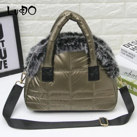 LUCDO Brand Luxury Handbag New Winter Woman Warm Space Cotton Shell Bags Designer Rabbit Fur Bag Ladies Jacket Shoulder Bag - Цвет: Golden