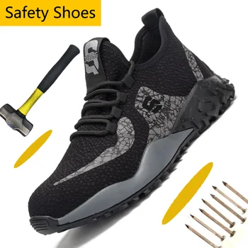 

Lightweight Steel Toe Shoe Reflective Stripe Work Shoes Men Stab Proof Men Safety Shoes Flyknit Hiking Shoes Athletic Sneaker