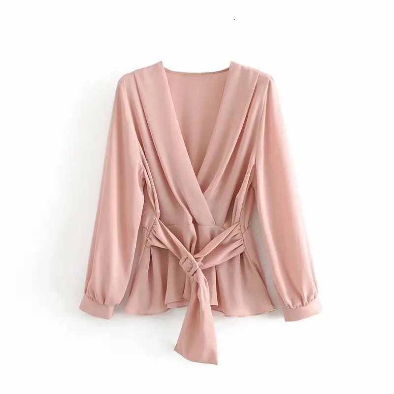 Кружевная розовая рубашка с поясом, сексуальные женские топы с v ...