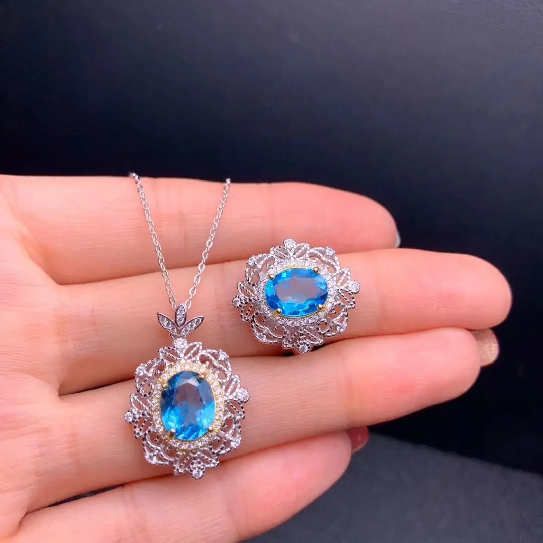 

Exquisite Sea Blue Gems Crystal Ring Necklace Bridal Jewelry Set White Zircon Wedding Gifts Lady Women Fine Jewelry Lover's Gift