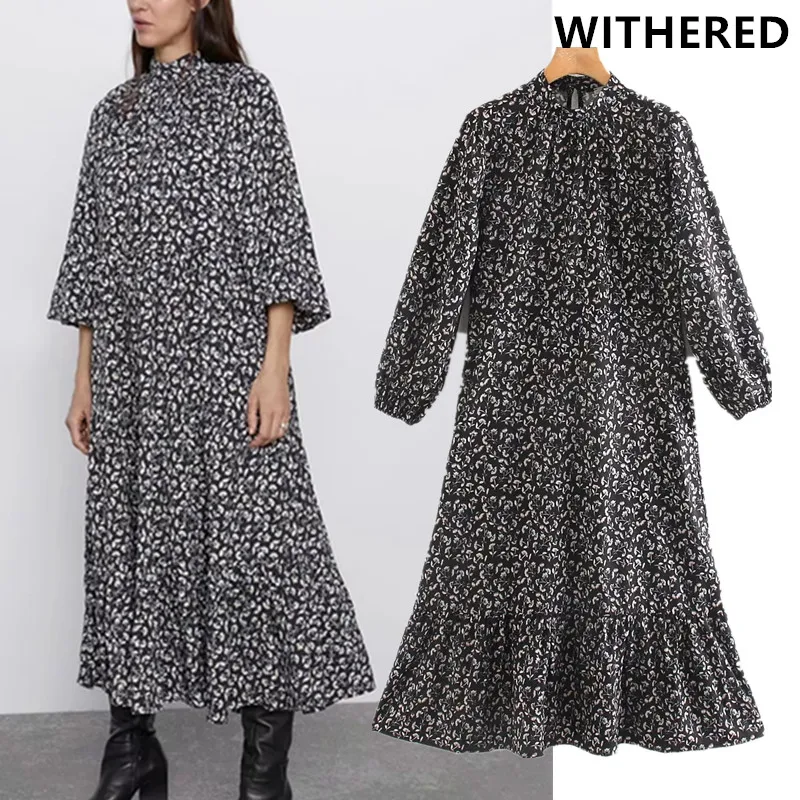 

Withered england vintage floral printing loose cascading maxi party midi dress women vestidos de fiesta de noche vestidos blazer
