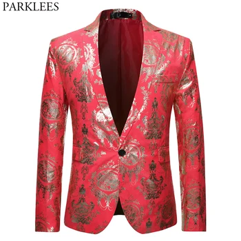 

Men's Luxury Casual Dress Floral Suits &Blazer Slim Fit One Button Red Blazers Men Wedding Party Dinner Tuxedo Blazer Hombre XL