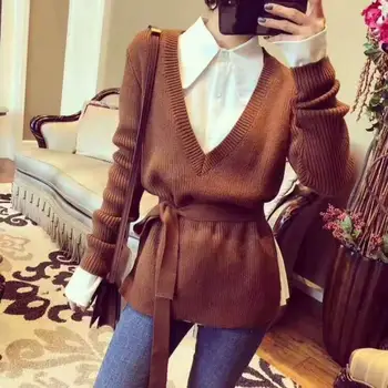

Autumn Lace Up Sweater Women Shirt Collar Knitted Sweaters Basic Shirts Female Long Sleeve Two Piece Sweaters