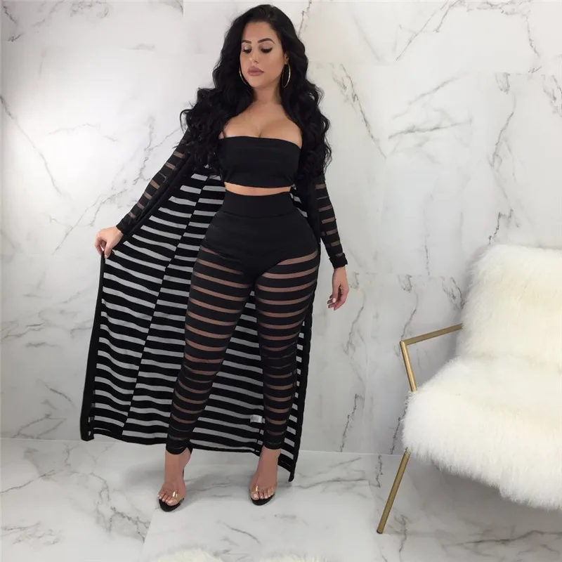 Adogirl Solid Sheer Mesh Stripe Women Casual 3 Piece Set Strapless Tube Top Pencil Pants Full Sleeve Extra Long Cardigan Suits