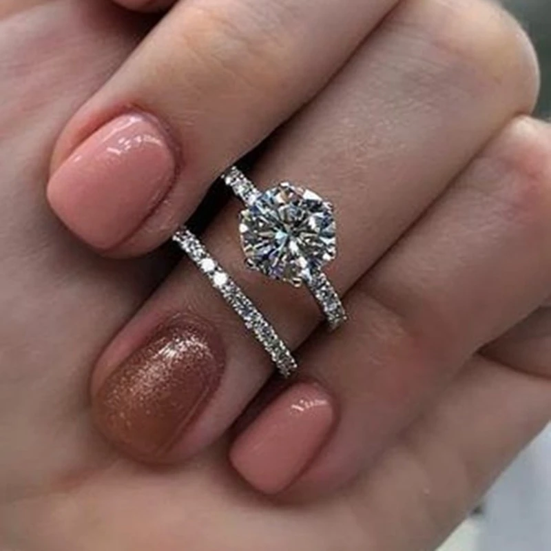 2 pieces/set Luxury Temperament Female Engagement Wedding Dress Rhinestone Ring Jewelry Wedding Rings Woman