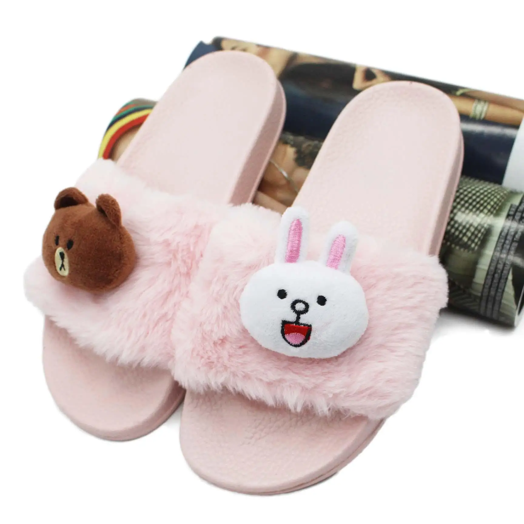 Женские тапочки с животными; плюшевые домашние туфли; милые пушистые шлепанцы; дизайнерские Вьетнамки розового цвета; женские тапочки на плоской подошве; теплые домашние Тапочки - Цвет: Светло-зеленый