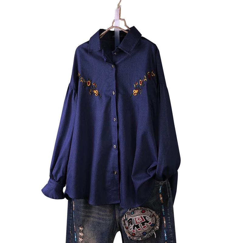 Dark Blue Модные женские джинсовые синие рубашки с цветочной вышивкой, ZANZEA, весенние Рубашки с отворотом и длинным рукавом, повседневные пуговицы для блузки, топы, блузы, сорочка - Цвет: Dark Blue