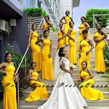 

Fashion Halter Gold Yellow Bridesmaid Dresses 2020 Customize Women Mermaid Wedding Dress Party Gown Robe Demoiselle D'honneur