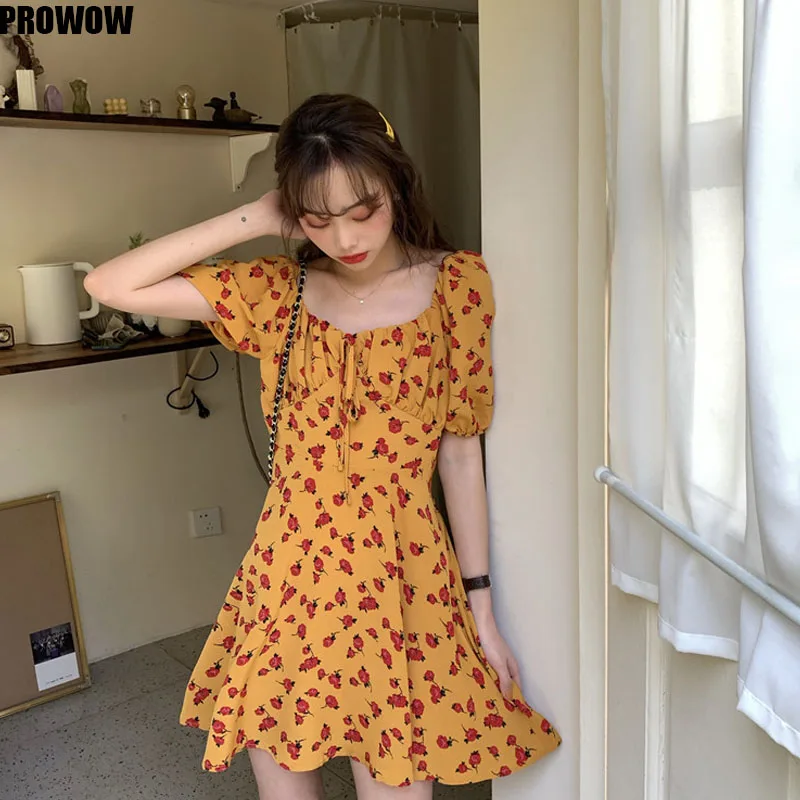 2020 Women Korean Floral Dresses Summer Slim Waist Mini A-Line Dresses Lace Up Puff Short Sleeve dress Vestidos Femme