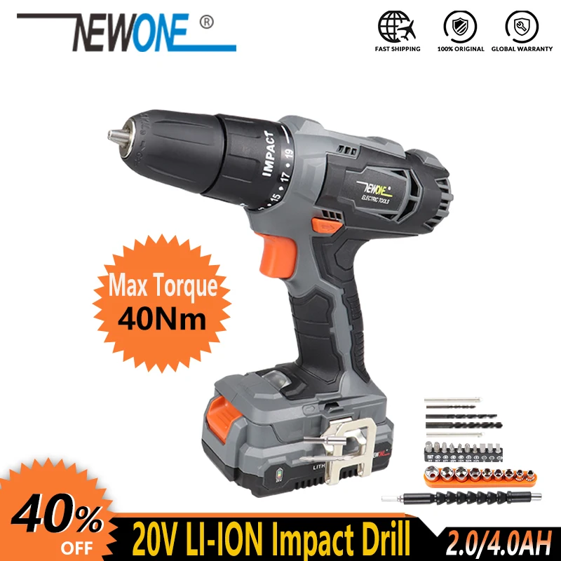 

NEWONE Electric Power Tool 20V Li-ion Cordless Impact Drill/Screwdrive Rechargeable Drill Max. 40Nm torque with Big Battery
