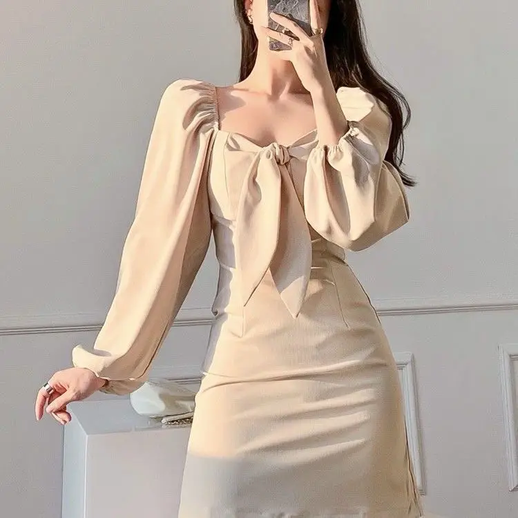 Long Sleeve Dresses Women Pure French Style Bow Cozy Empire Square Collar Retro All-match Mini Streetwear Elegant Vestidos Mujer mother of the bride dresses