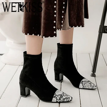 

WETKISS Stretch Ankle Boots Women Sock Snake Skin Boot Female High Heels Shoes Ladies Square Toe Shoes Winter Big Size 32-44