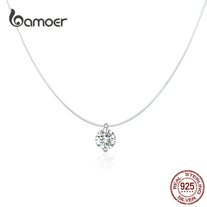 Серебряные невидимые ожерелья цепочки bamoer подвески стразы колье прозрачная