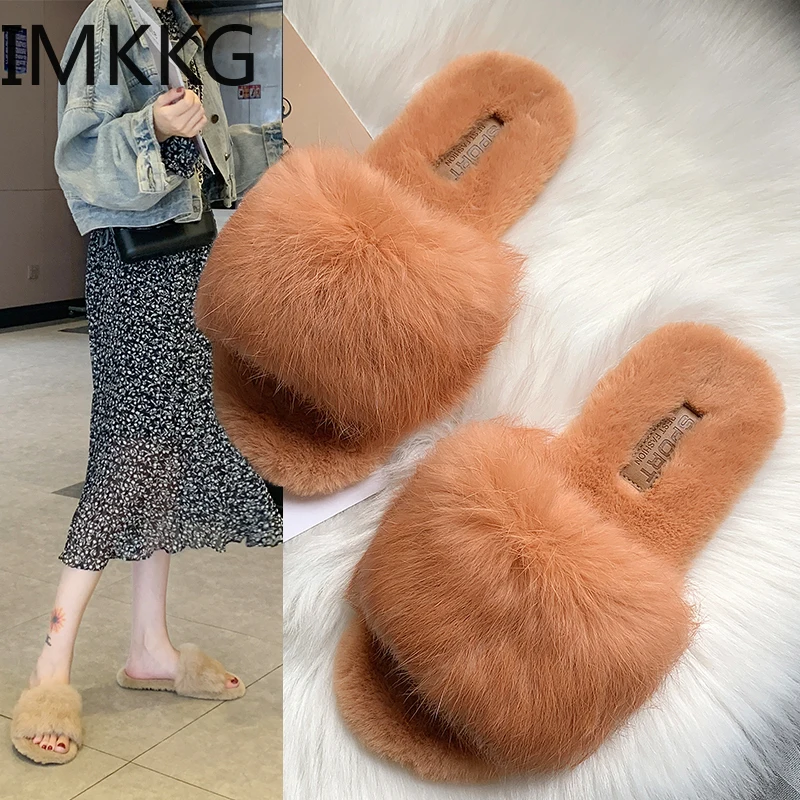 

Natural Fur Women Slippers Shoes New Rabbit Fur Slippers Home Slides Ladies Furry Indoor Flip Flops Fluffy Women Shoes F90349