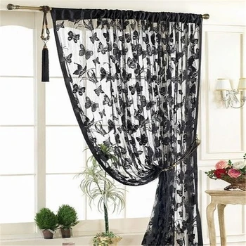 

Pastoral Pattern Voile Curtain Butterfly Tassel String Tulle Window Curtains Home Decoration Sheer Drape Fly Screen Door Hanging