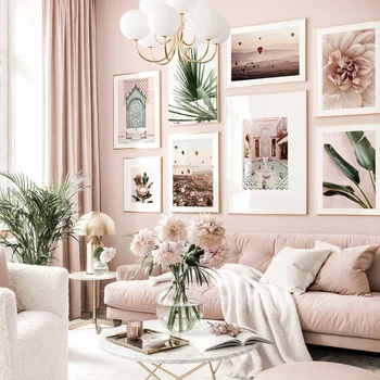 

Pink Style Flower Poster Green Leaves Canvas Art Print Morocco Door Modern Wall Art Pictures for Living Room Decor