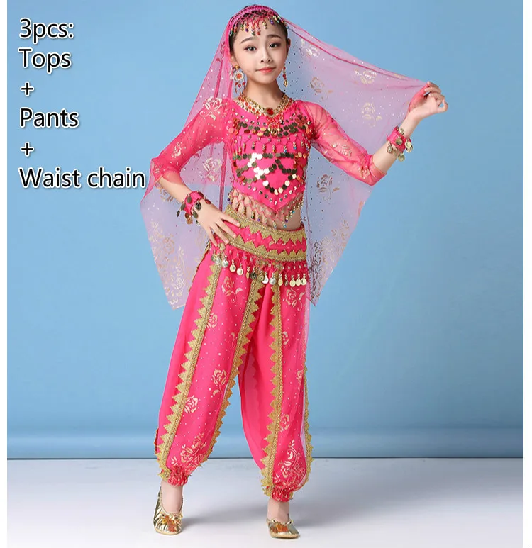 3pcs rose red Костюм для танца живота, комплекты для девочек, детское платье для индийского танца, детская танцевальная одежда Для Болливуда, одежда для восточных танцев - Цвет: 3pcs rose red
