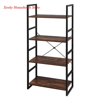 

4 Tier Vintage Bookcase Shelf Storage Organizer Wood and Metal Bookshelf Rack 60*30*128cm