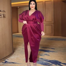 

Sexy V Neck Dresses Plus Size 4XL Burgundy Silk Long Lantern Sleeves High Waist Slit Ankle Length Evening Birthday Party Gowns