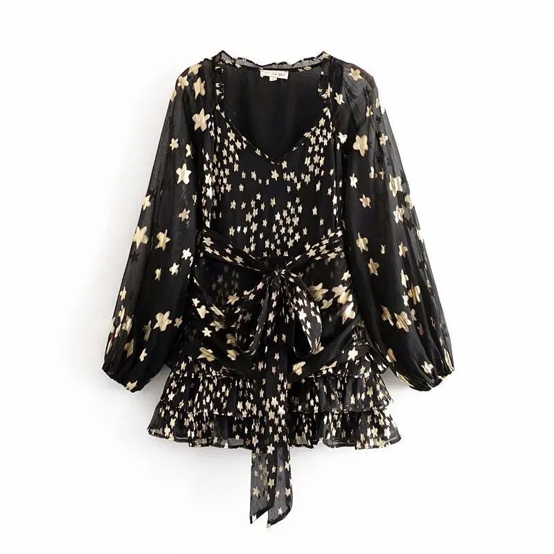

2020 Spring And Summer New Style WOMEN'S Dress Printed Small Wrinkle Chrysanthemum V-neck Slim Dress A7bs6162