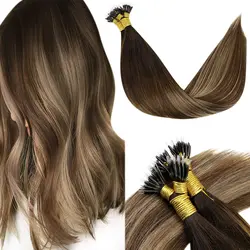 VeSunny Pre Bonded Keratin Nano Tip Remy Hair Extensions Nano Ring Hair Extensions Brown Straight Nano Loop Remy Hair