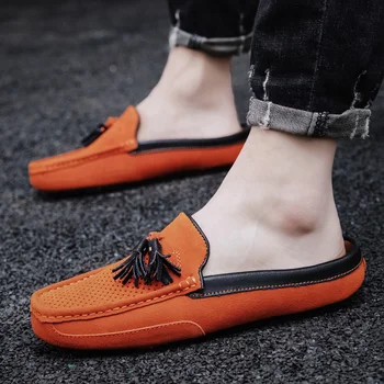 

New Luxury Casual Men Shoe Fashion Slip On Casual Sneakers For Mens Half Drag Tassel Men Loafer Large Size 47 Mens Half slippers