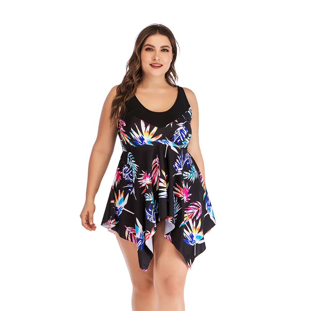 

New Plus Size Swimdress Tankini Set Women Irregular Hem Two Piece Print Push Up Bather Beach Bathing Suit Larger Swimwear