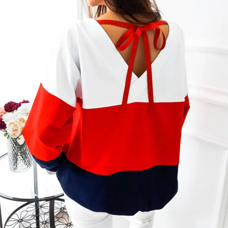 

Sexy Bow Backless Loose Sweatshirts Women Casual O-neck Patchwork Plus Size Pullovers Female Fashion Harajuku Autumn Winter Top