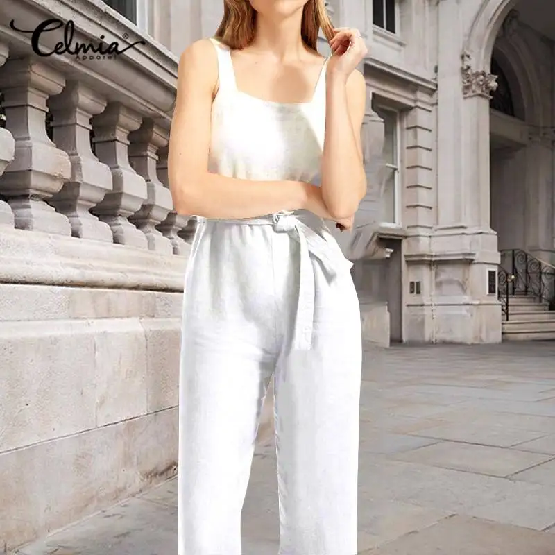 Celmia Vintage Cotton Linen Summer Women Rompers Spaghetti Strap Sleeveless Casual Loose Jumpsuit Solid Belt High Waist Overalls