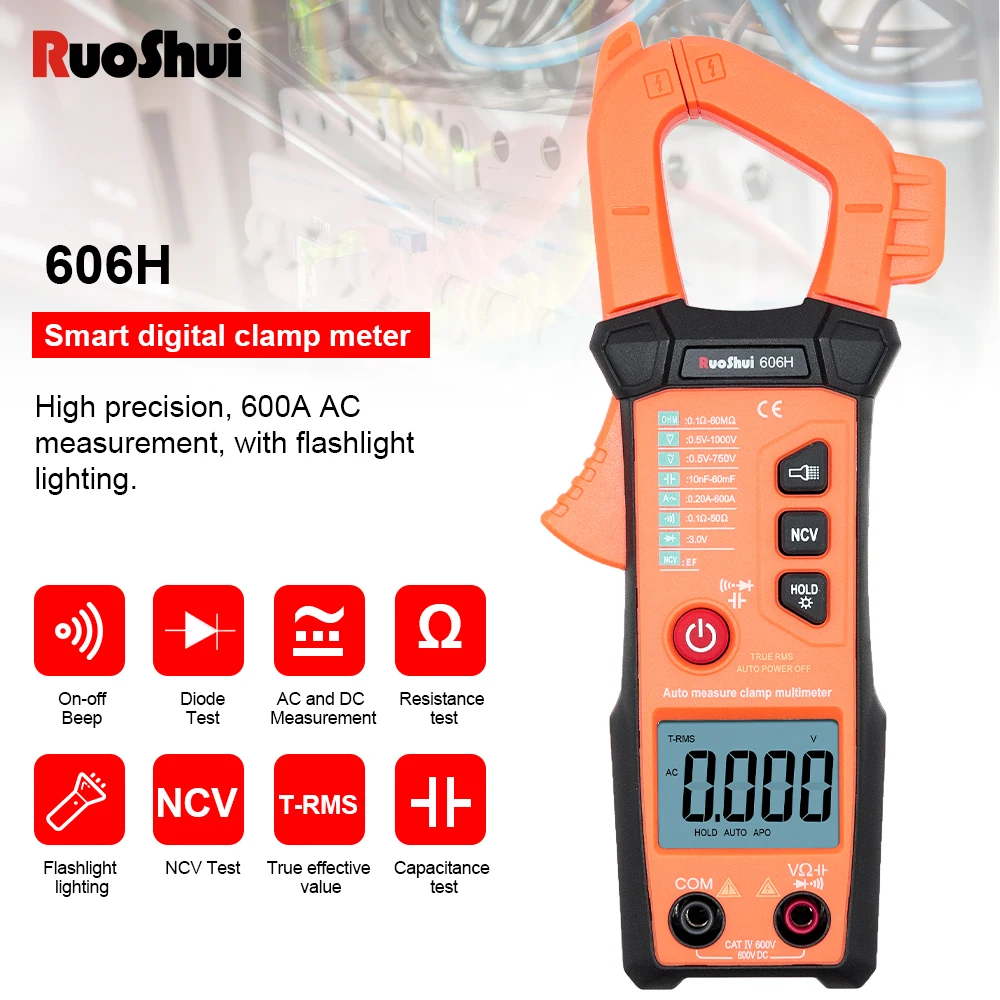 • Digital Clamp Meter 60A-600A Ac/Dc Corrente Tester True Rms Auto Range Resistenza Diodo Continuutity Buzzer Multimetro
