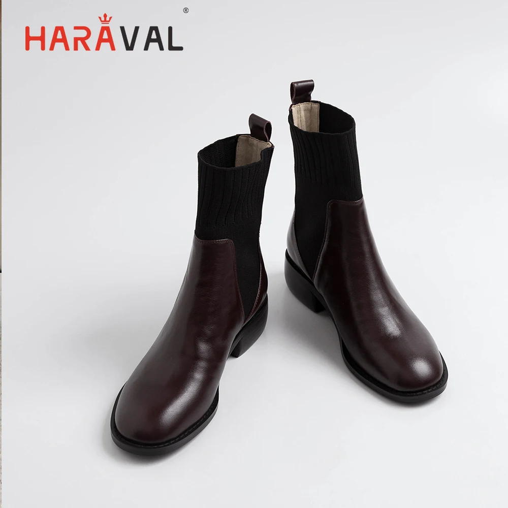 HARAVAL Fashion Vintage Lady Ankle Boot Winter Luxury Genuine Leather Square Toe Low Heels Shoes Solid Slip-on Women Boots B208
