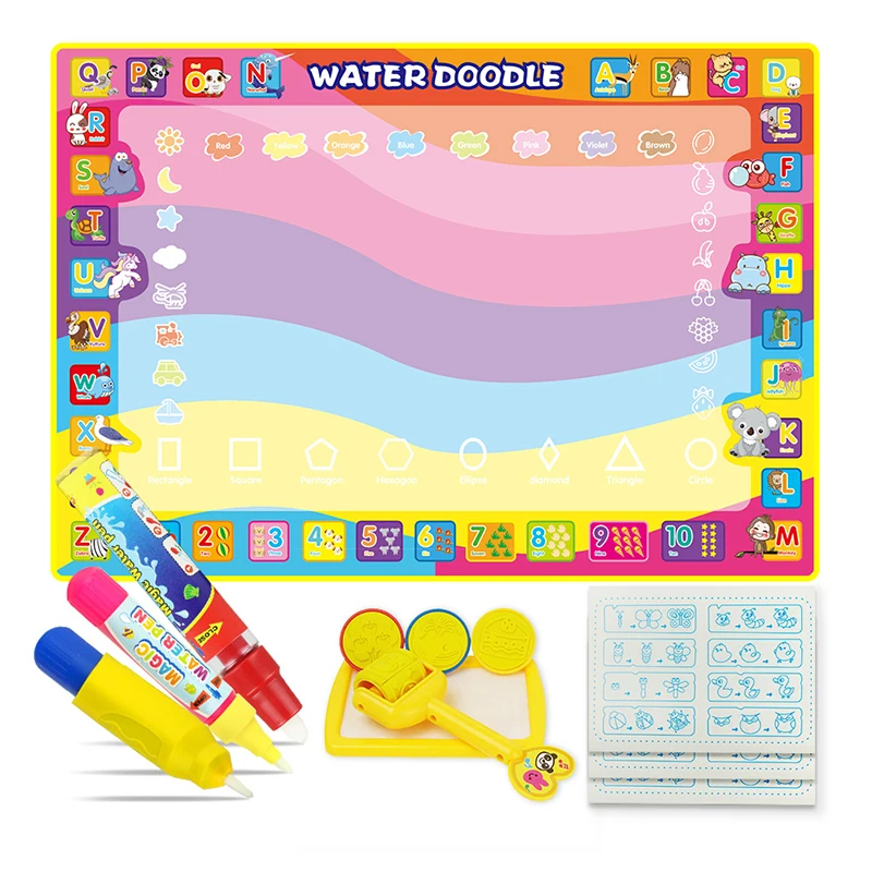 8 видов многоразового использования волшебный водный коврик для рисования с ручками для рисования и 1 набор штампов раскраска доска для рисования Развивающие игрушки для детей - Цвет: D 100X70CM