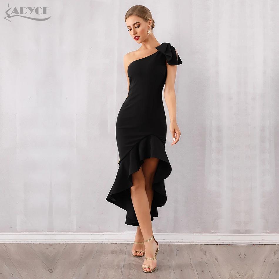 Online Adyce 2019 nuevo verano Midi mujeres celebridad fiesta Vestido Sexy negro un hombro sin mangas volantes arco sirena Club Vestido