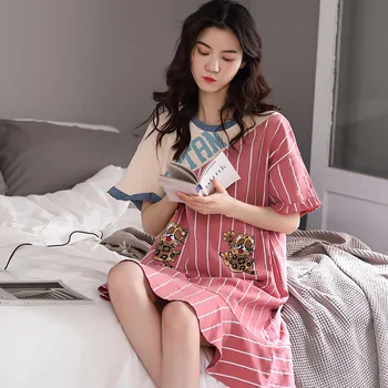 

2020 New Mu Perfectly Stall Nightdress Women Summer Cotton Short Sleeve Loose Women Mid-length Cartoon Casual Homewear