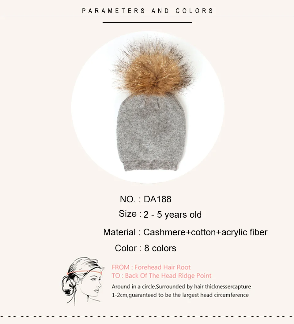Jungen Mädchen Herbst Winter Baby Hut Wolle Skullies Mützen 15 cm Echt Waschbären Pelz Pompom Slouchy Echtpelz Wärmer Hüte – Detail 2