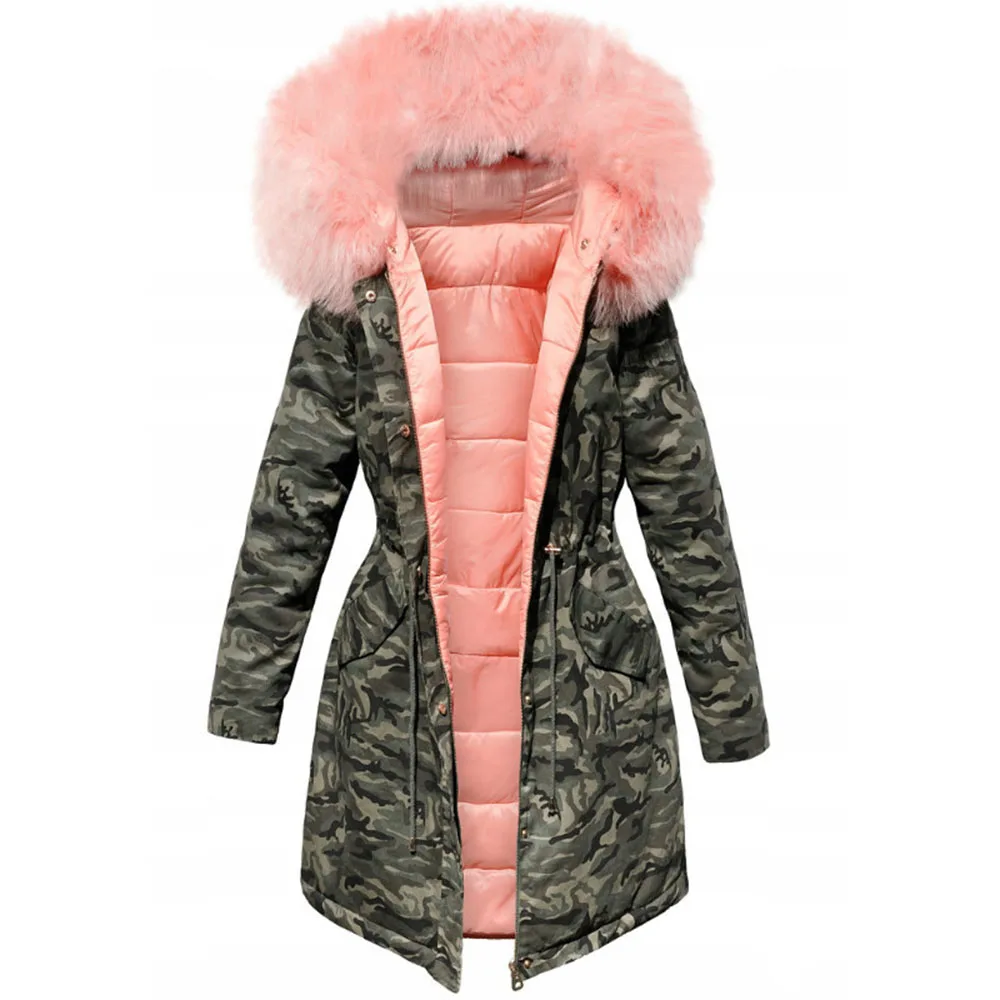 Зимняя теплая Толстая хлопковая стеганая куртка Камуфляжная парка женские длинные пальто женские повседневные военные меховые Топы