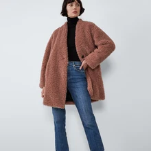 ZA осенне-зимнее флисовое Женское пальто с мехом, куртки с длинным рукавом, шерстяное пальто, модная повседневная теплая уличная куртка черного и коричневого цвета
