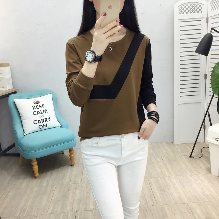Camisas Mujer, футболка контрастного цвета, женские топы с длинным рукавом, футболка, женская одежда, осень-зима, белая повседневная одежда размера плюс