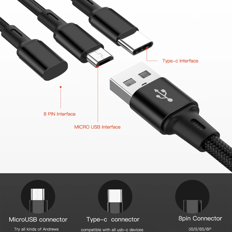 3 в 1 микро USB кабель мобильный телефон кабель для samsung huawei Быстрая зарядка Usb C Тип C USB кабель для iPhone провод шнур(N1029