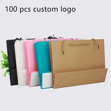 100 шт/10 шт подарочный бумажный пакет на заказ подарочная одежда хозяйственная Сумка крафт-бумага точечная печать логотипа сплошной цвет черный белый розовый