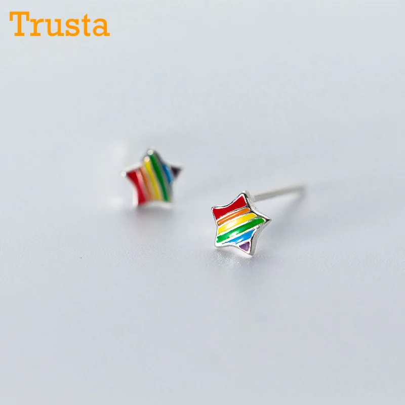 Trusta 925 пробы серебряные серьги Модные крошечные радужные глазурь звезда треугольные серьги-гвоздики подарок для школьниц DS290