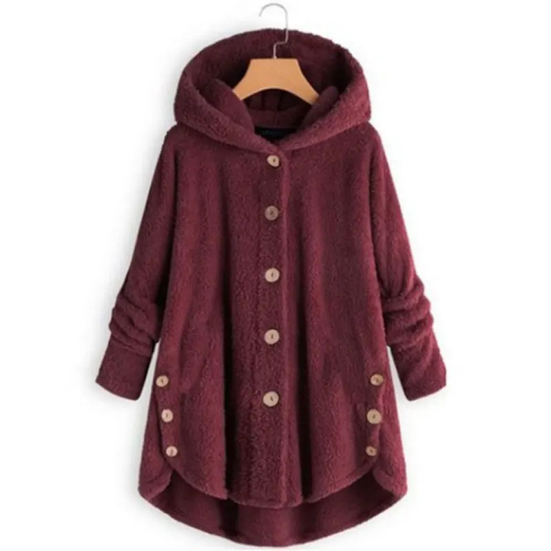 Толстовки, свободные, одноцветные, длинный рукав, плюшевое пальто для женщин,, осень, зима, на пуговицах, флисовое пальто для женщин, пальто из искусственного меха, куртки для женщин - Цвет: Red wine